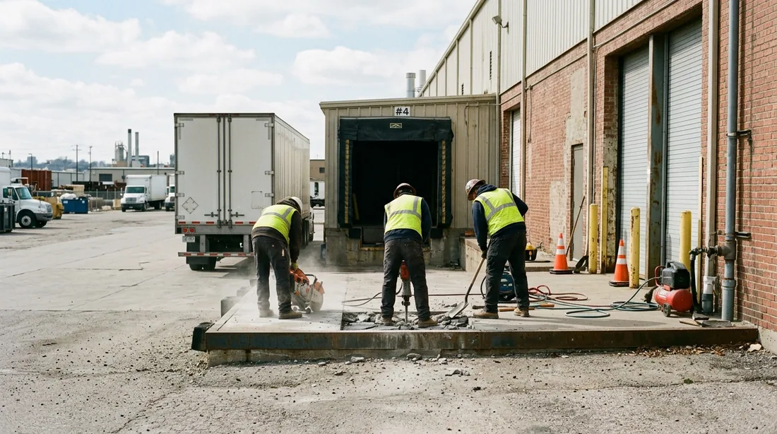 A small professional crew working on a loading dock repair job at a property, seen from behind and — Omaha, NE
